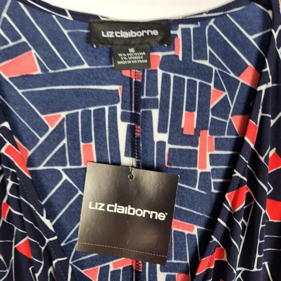 Liz Claiborne Dress Women's 16 Blue Red Faux Wrap Rusched Waist Office Career - Picture 6 of 10